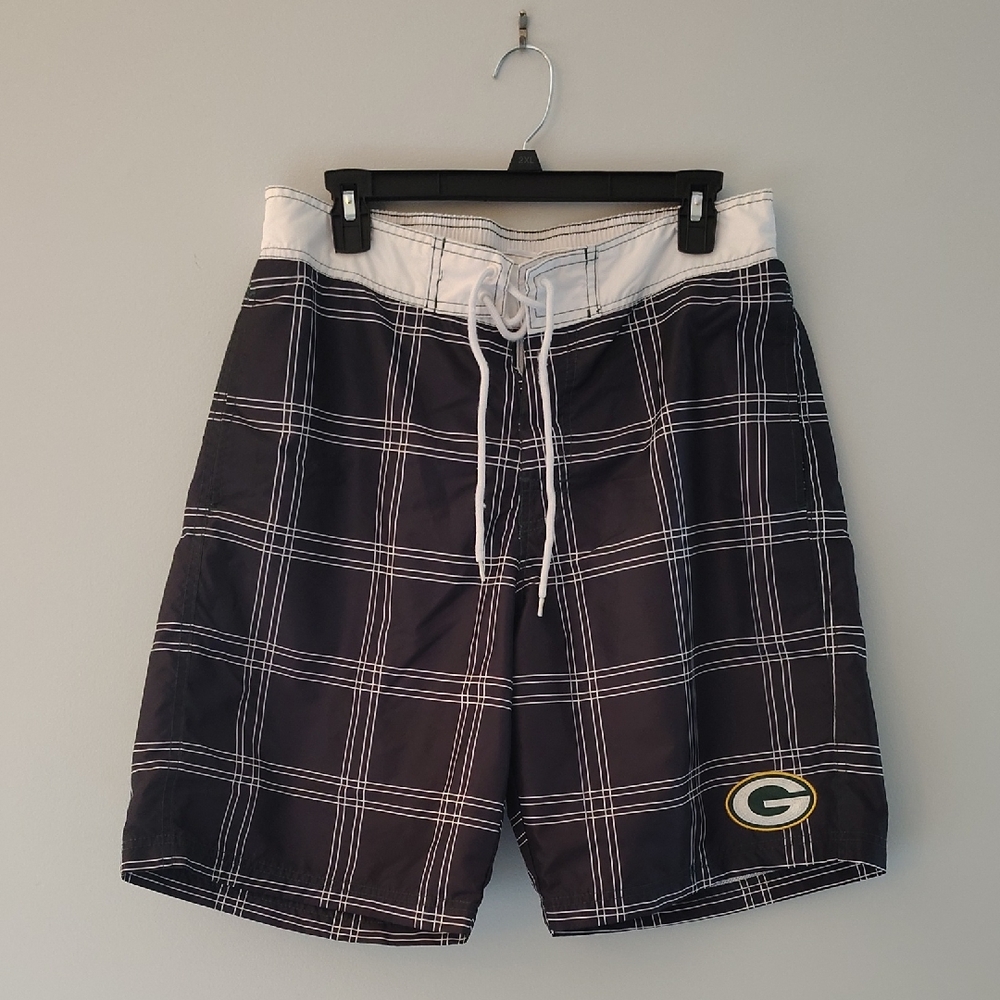 NFL Green Bay Packers Swim Trunks L Black & White Plaid Beach Vacation Resort